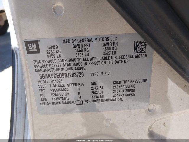 Aukcja sprzedaży 2011 Buick Enclave 2xl, vin: 5GAKVCED9BJ283729, numer aukcji: 44843248