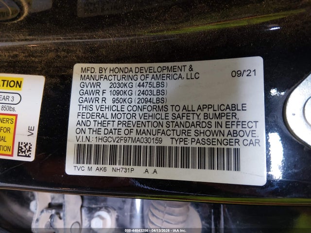 Auction sale of the 2021 Honda Accord Touring, vin: 1HGCV2F97MA030159, lot number: 44843256
