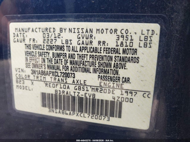 2012 Nissan Sentra 2.0 S მანქანა იყიდება აუქციონზე, vin: 3N1AB6APXCL720073, აუქციონის ნომერი: 44843278