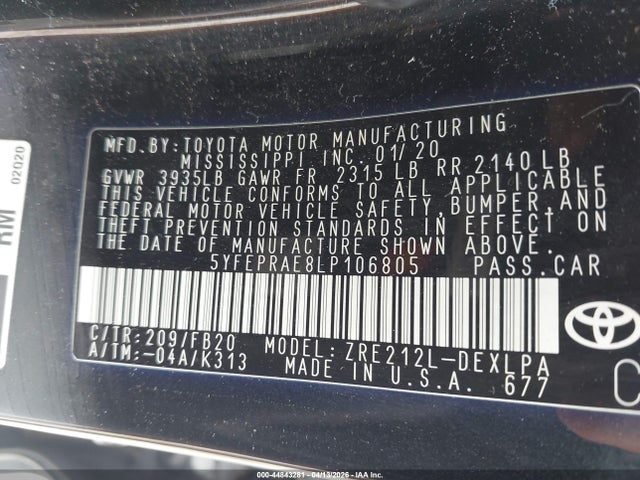 Aukcja sprzedaży 2020 Toyota Corolla Le, vin: 5YFEPRAE8LP106805, numer aukcji: 44843281