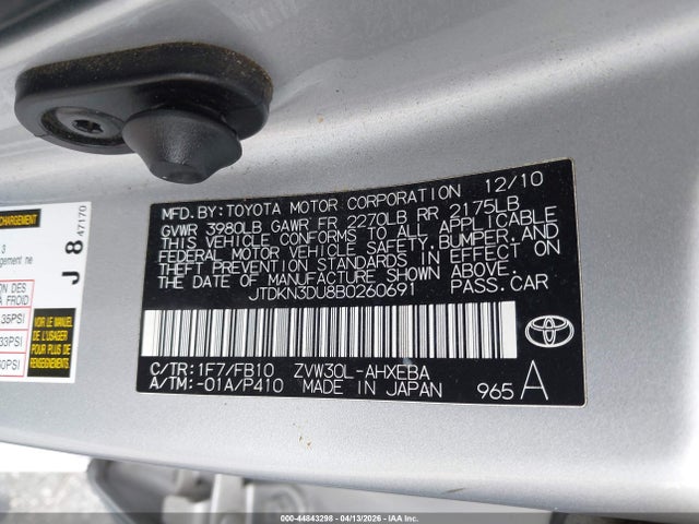 Aukcja sprzedaży 2011 Toyota Prius Two, vin: JTDKN3DU8B0260691, numer aukcji: 44843298