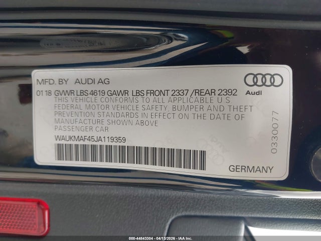 44843304 :رقم المزاد ، WAUKMAF45JA119359 vin ، 2018 Audi A4 2.0t Tech Ultra Premium/2.0t Ultra Premium مزاد بيع