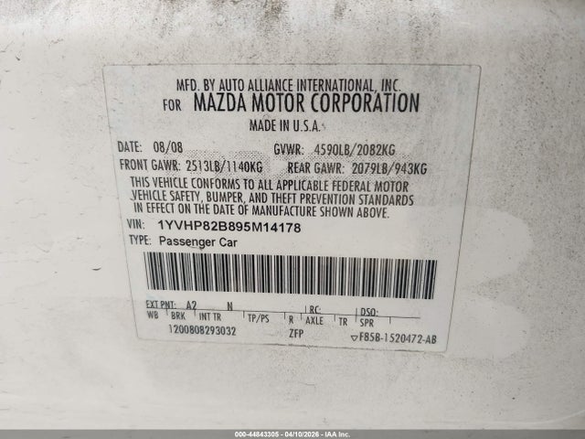 2009 Mazda Mazda6 S Grand Touring მანქანა იყიდება აუქციონზე, vin: 1YVHP82B895M14178, აუქციონის ნომერი: 44843305