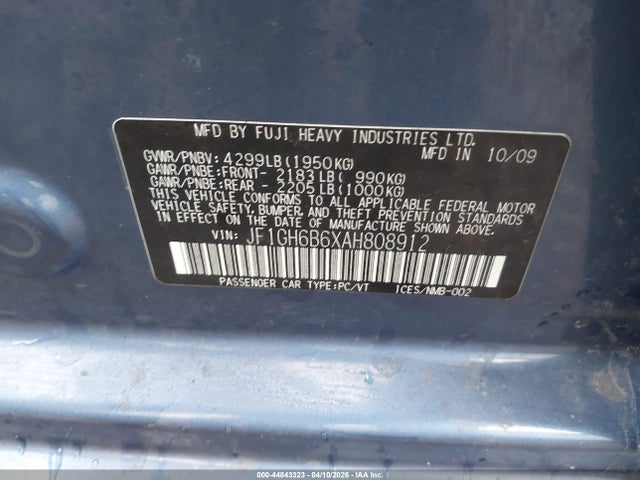 44843323 :رقم المزاد ، JF1GH6B6XAH808912 vin ، 2010 Subaru Impreza 2.5i Premium مزاد بيع