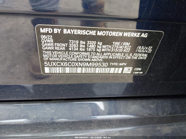 Aukcja sprzedaży 2022 Bmw X7 M50i, vin: 5UXCX6C0XN9M99530, numer aukcji: 44843331