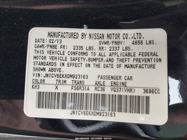 2013 Infiniti G37 Sport მანქანა იყიდება აუქციონზე, vin: JN1CV6EKXDM923163, აუქციონის ნომერი: 44843335