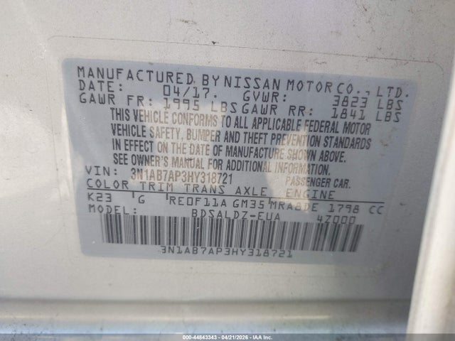 Aukcja sprzedaży 2017 Nissan Sentra Sv, vin: 3N1AB7AP3HY318721, numer aukcji: 44843343