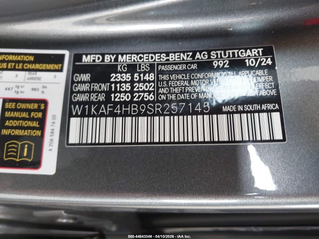 Продажа на аукционе авто 2025 Mercedes-benz C 300, vin: W1KAF4HB9SR257145, номер лота: 44843346