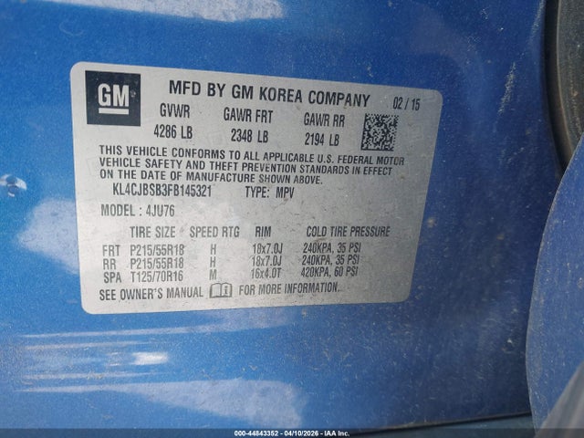 44843352 :رقم المزاد ، KL4CJBSB3FB145321 vin ، 2015 Buick Encore Convenience مزاد بيع