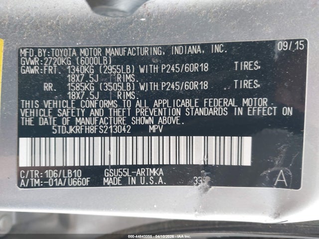 Продаж на аукціоні авто 2015 Toyota Highlander Xle V6, vin: 5TDJKRFH8FS213042, номер лоту: 44843355