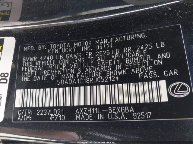 Продаж на аукціоні авто 2024 Lexus Es 300h, vin: 58ADA1C18RU052124, номер лоту: 44843357