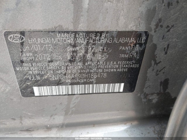 2013 Hyundai Elantra Gls/limited მანქანა იყიდება აუქციონზე, vin: 5NPDH4AE9DH186478, აუქციონის ნომერი: 44843367