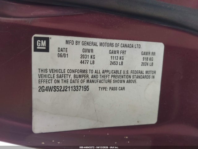 Aukcja sprzedaży 2001 Buick Century Custom, vin: 2G4WS52J211337195, numer aukcji: 44843372