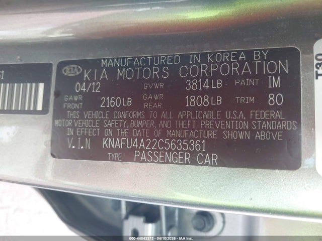 44843373 :رقم المزاد ، KNAFU4A22C5635361 vin ، 2012 Kia Forte Ex مزاد بيع