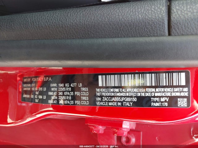 Продажа на аукционе авто 2018 Jeep Renegade Altitude Fwd, vin: ZACCJABB5JPG69150, номер лота: 44843377