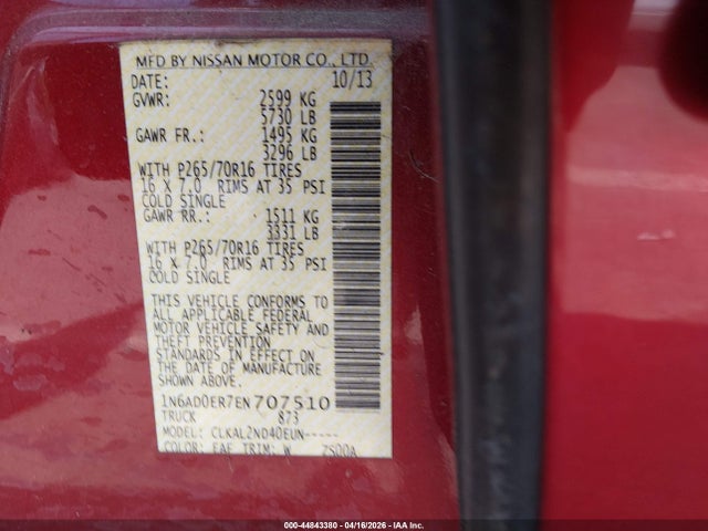 Aukcja sprzedaży 2014 Nissan Frontier Sv, vin: 1N6AD0ER7EN707510, numer aukcji: 44843380