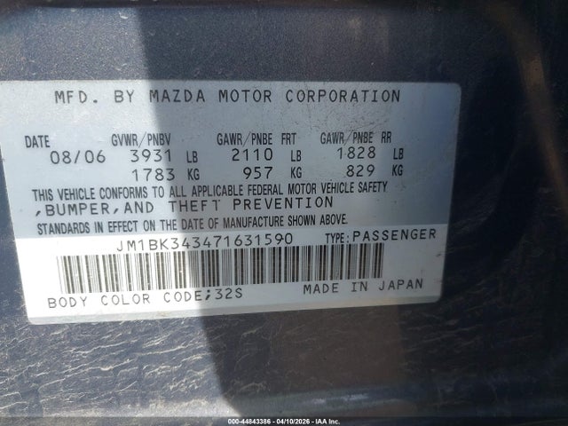 Aukcja sprzedaży 2007 Mazda Mazda3 S Grand Touring, vin: JM1BK343471631590, numer aukcji: 44843386