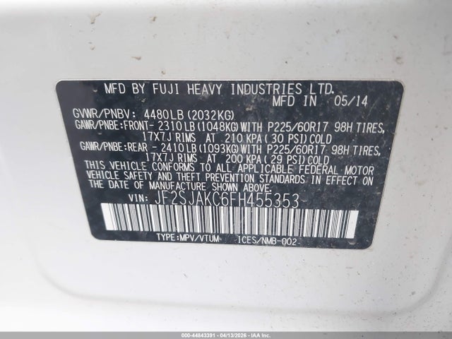 Aukcja sprzedaży 2015 Subaru Forester 2.5i Limited, vin: JF2SJAKC6FH455353, numer aukcji: 44843391