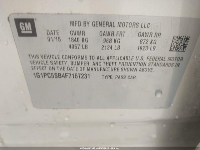 44843392 :رقم المزاد ، 1G1PC5SB4F7167231 vin ، 2015 Chevrolet Cruze 1lt Auto مزاد بيع