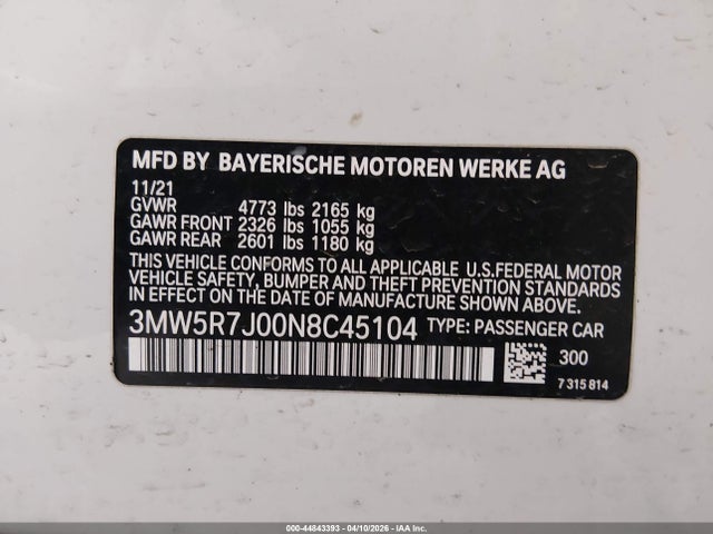Aukcja sprzedaży 2022 Bmw 330i Xdrive, vin: 3MW5R7J00N8C45104, numer aukcji: 44843393