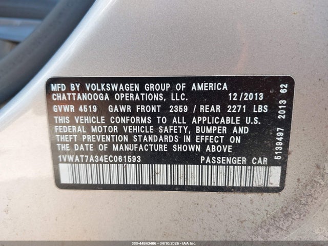 Aukcja sprzedaży 2014 Volkswagen Passat 1.8t S, vin: 1VWAT7A34EC061593, numer aukcji: 44843406