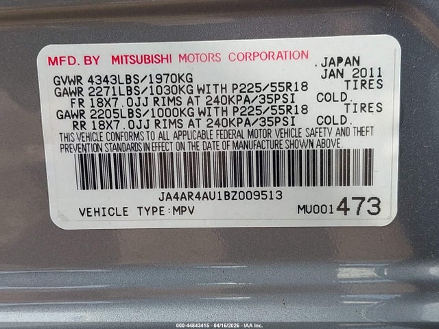 Aukcja sprzedaży 2011 Mitsubishi Outlander Sport Se, vin: JA4AR4AU1BZ009513, numer aukcji: 44843415