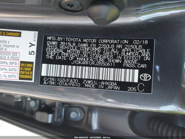 JTDKARFU9J3550611 Toyota Prius Three