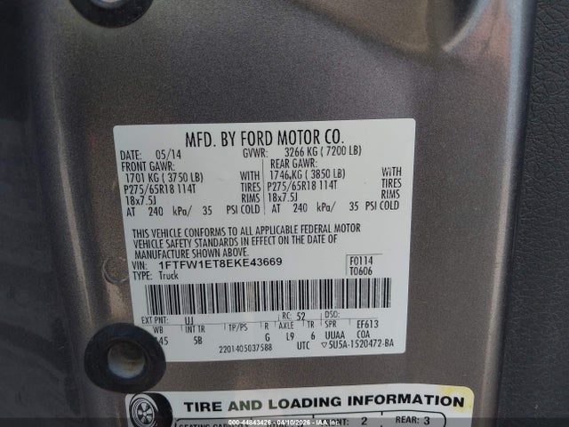 Auction sale of the 2014 Ford F-150 Fx4, vin: 1FTFW1ET8EKE43669, lot number: 44843426
