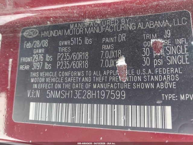 Продажа на аукционе авто 2008 Hyundai Santa Fe Limited/se, vin: 5NMSH13E28H197599, номер лота: 44843438