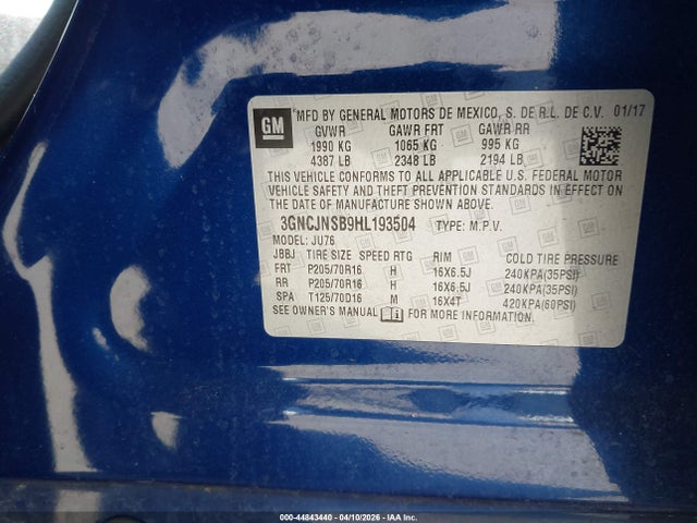 2017 Chevrolet Trax Ls მანქანა იყიდება აუქციონზე, vin: 3GNCJNSB9HL193504, აუქციონის ნომერი: 44843440