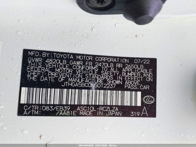 Aukcja sprzedaży 2022 Lexus Rc 300 F Sport, vin: JTHGA5BC0N5012237, numer aukcji: 44843449