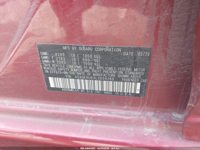 44843452 :رقم المزاد ، 4S3GKAU63L3609289 vin ، 2020 Subaru Impreza Limited مزاد بيع