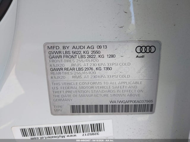 44843457 :رقم المزاد ، WA1WGAFP0EA037965 vin ، 2014 Audi Q5 3.0t Premium Plus مزاد بيع