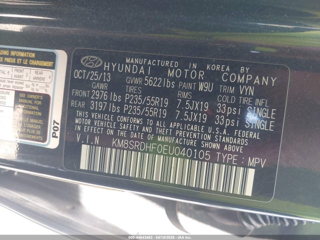 44843463 :رقم المزاد ، KM8SRDHF0EU040105 vin ، 2014 Hyundai Santa Fe Limited مزاد بيع