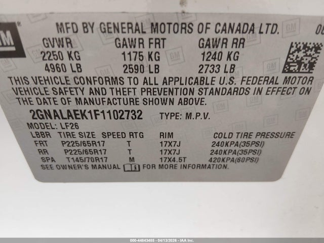 2015 Chevrolet Equinox Ls მანქანა იყიდება აუქციონზე, vin: 2GNALAEK1F1102732, აუქციონის ნომერი: 44843485