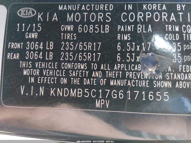 44843505 :رقم المزاد ، KNDMB5C17G6171655 vin ، 2016 Kia Sedona Lx مزاد بيع