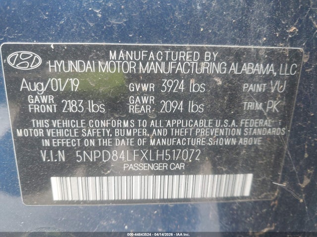 44843524 :رقم المزاد ، 5NPD84LFXLH517072 vin ، 2020 Hyundai Elantra Value Edition مزاد بيع