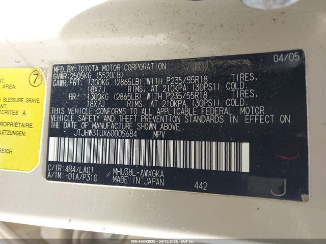 Auction sale of the 2006 Lexus Rx 400h, vin: JTJHW31UX60005684, lot number: 44843525