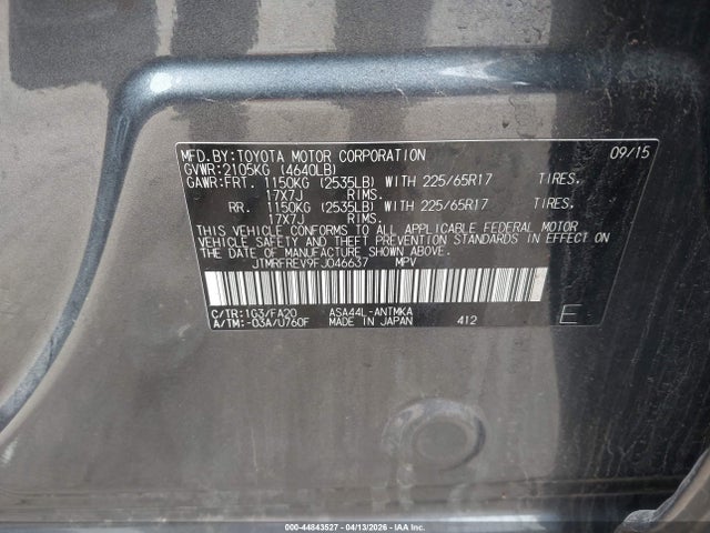 2015 Toyota Rav4 Xle მანქანა იყიდება აუქციონზე, vin: JTMRFREV9FJ046637, აუქციონის ნომერი: 44843527