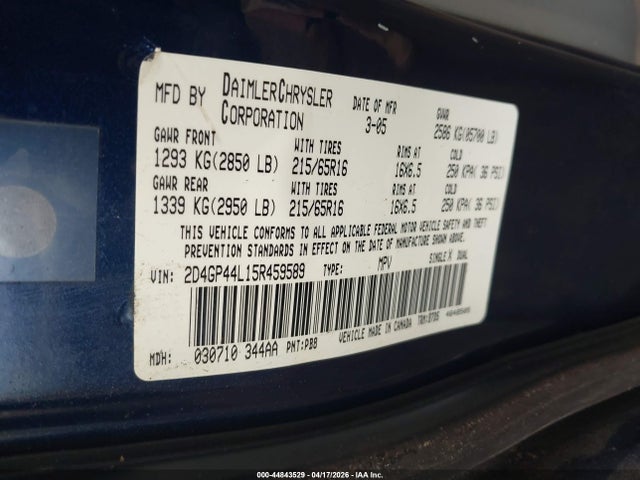 Продаж на аукціоні авто 2005 Dodge Grand Caravan Sxt, vin: 2D4GP44L15R459589, номер лоту: 44843529