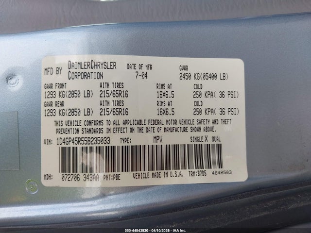 Aukcja sprzedaży 2005 Dodge Caravan Sxt, vin: 1D4GP45R55B235033, numer aukcji: 44843530