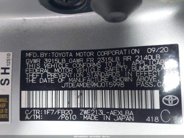 Aukcja sprzedaży 2021 Toyota Corolla Hybrid Le, vin: JTDEAMDE9MJ015998, numer aukcji: 44843534