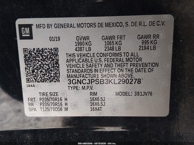 Продаж на аукціоні авто 2019 Chevrolet Trax Lt, vin: 3GNCJPSB3KL290278, номер лоту: 44843540