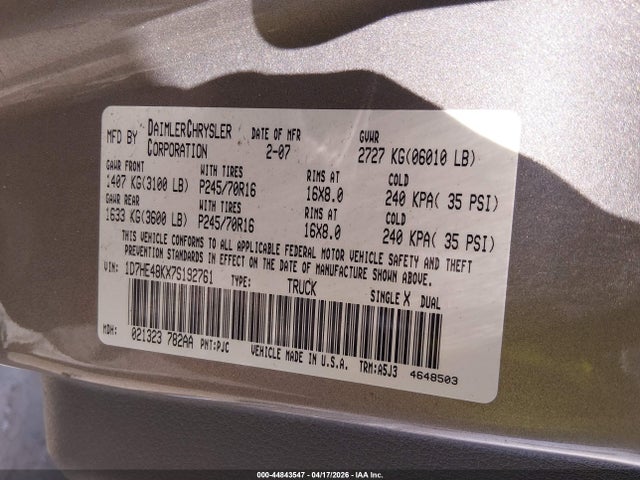 Продажа на аукционе авто 2007 Dodge Dakota Slt, vin: 1D7HE48KX7S192761, номер лота: 44843547