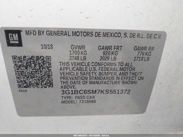 44843570 :رقم المزاد ، 3G1BC6SM7KS551372 vin ، 2019 Chevrolet Cruze Ls مزاد بيع