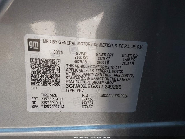 2026 Chevrolet Equinox Fwd Rs მანქანა იყიდება აუქციონზე, vin: 3GNAXLEGXTL249265, აუქციონის ნომერი: 44843579