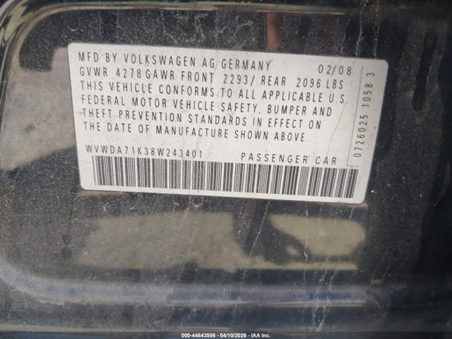 Aukcja sprzedaży 2008 Volkswagen Rabbit S, vin: WVWDA71K38W243401, numer aukcji: 44843586
