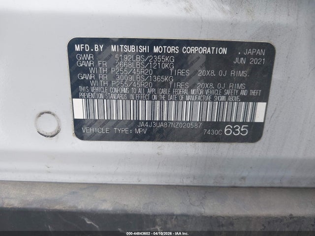 JA4J3UA87NZ020587 Mitsubishi Outlander Black Edition 2wd/se 2.5 2wd/se Launch Edition 2wd