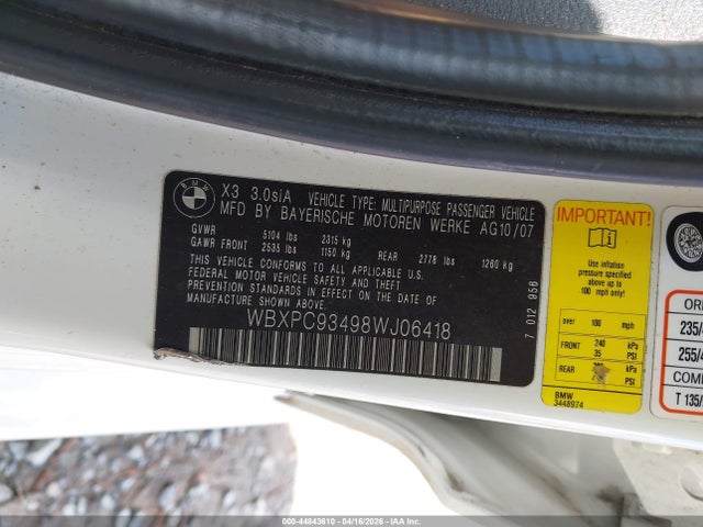 2008 Bmw X3 3.0si მანქანა იყიდება აუქციონზე, vin: WBXPC93498WJ06418, აუქციონის ნომერი: 44843610