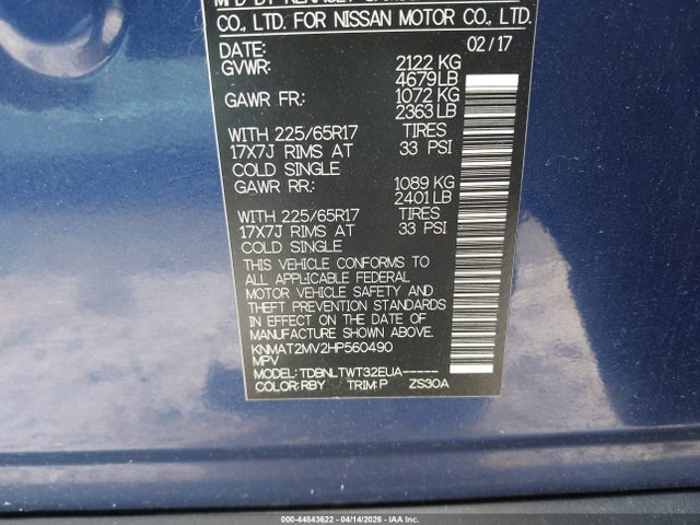 44843622 :رقم المزاد ، KNMAT2MV2HP560490 vin ، 2017 Nissan Rogue Sv مزاد بيع